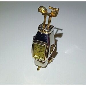 Vintage Timex Golf Bag Mini Desk Clock–Gold Silver Tone Quartz